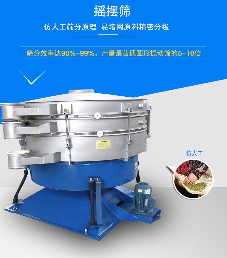 搖擺篩適合精細和超細范圍的粉末和微粒狀物料，產量大、精度高